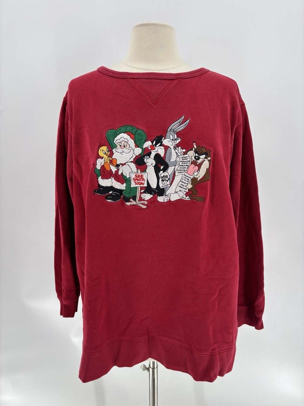 Vintage 1999 Looney Tunes Christmas Sweatshirt Bugs Bunny Taz Santa Red Medium